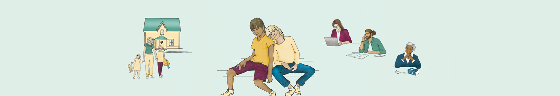 Illustration av två barn, en familj och tre vuxna som arbetar