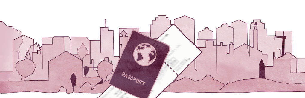 Illustration av ett pass och en stadssiluett i bakgrunden
