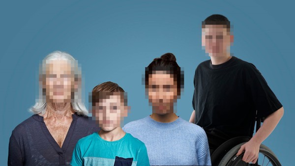 Bild på fyra personer med blurrade ansikten med texten Vi söker dig som utsatts för brott